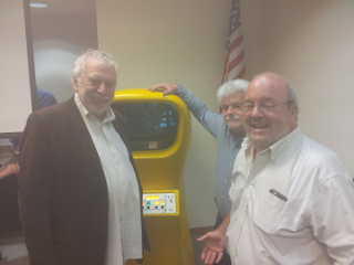 Nolan Bushnell (left), Al Alcorn (right), and Jerry Jessop with the first coin-operated video game, his Computer Space (serial # 1) in Santa Clara, CA on September 8, 2016