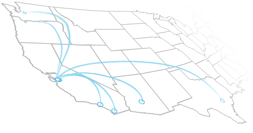 map illustrating connections between Syncopated Systems and other major technology hubs in western United States